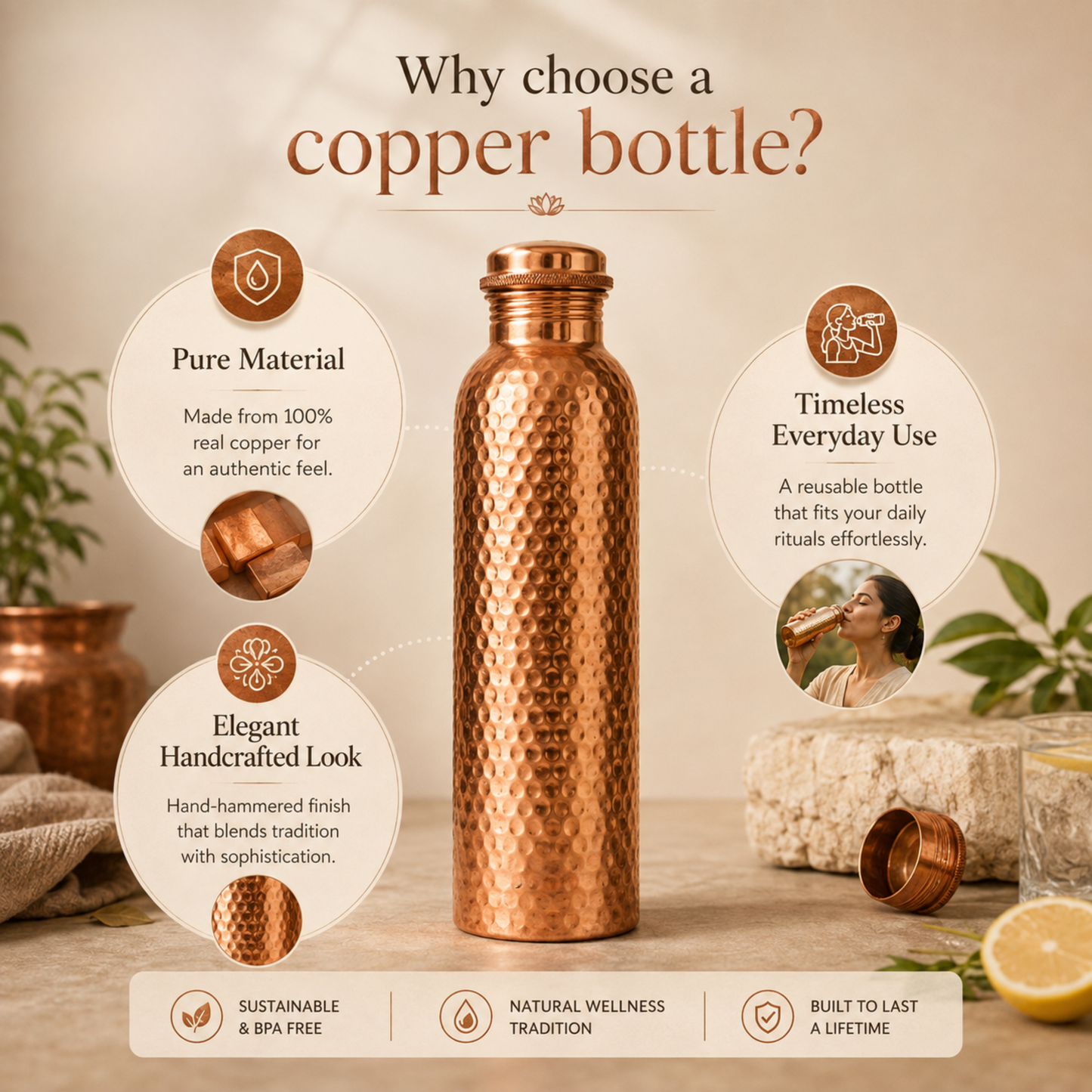 Pure Copper Water Bottle – HERA: Naturally Purified Water, Plastic-Free